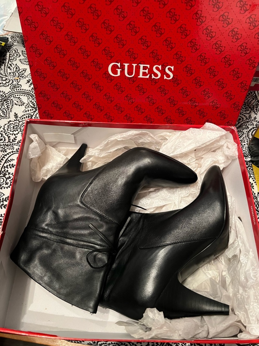 GUESS Black Leather Pointed-Toe Ankle Booties